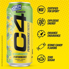 12-pack display of C4 Energy Jolly Rancher Green Apple cans for quick boosts.