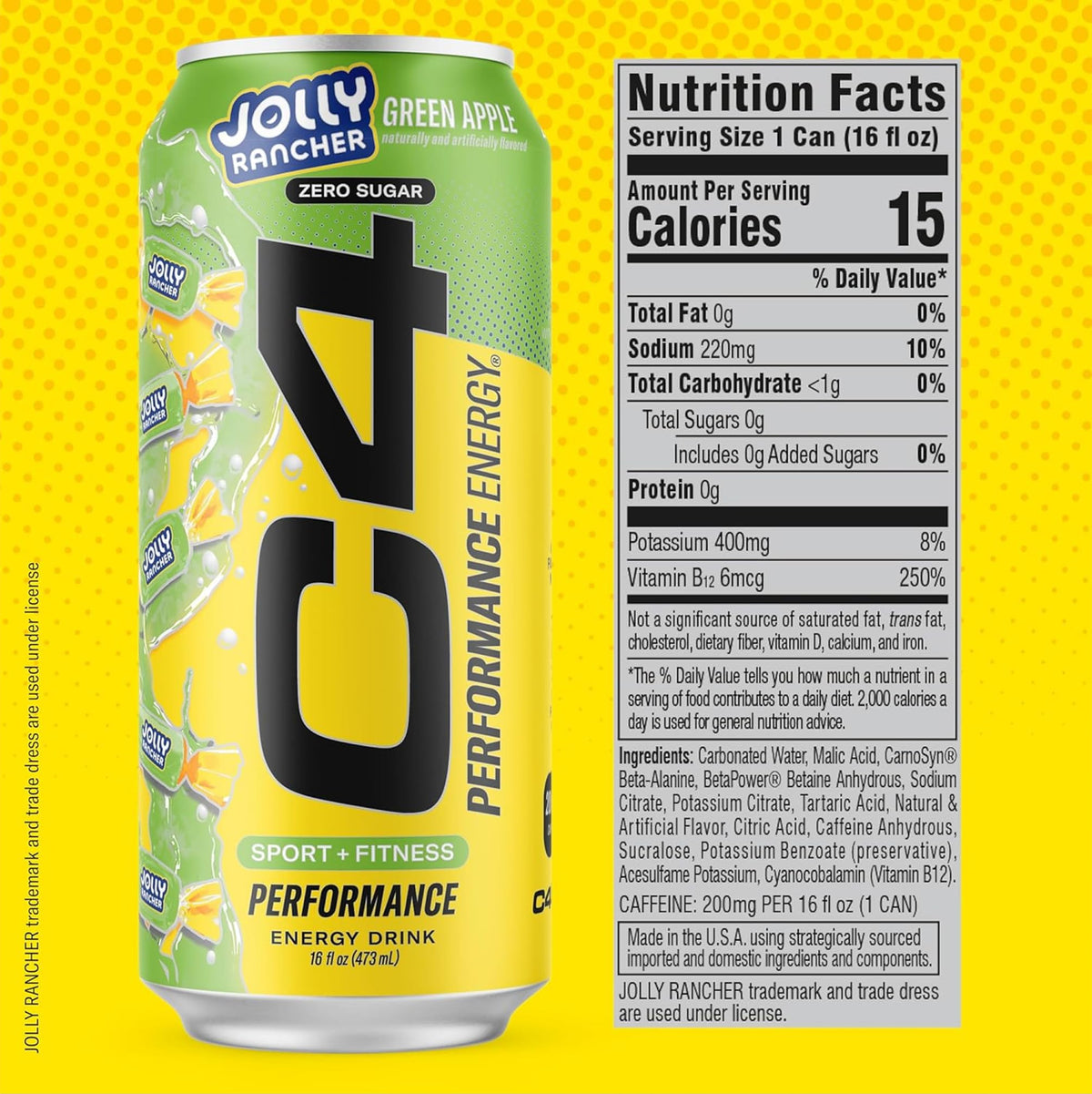 Close-up of C4 Energy Jolly Rancher Green Apple label highlighting zero sugar claim.