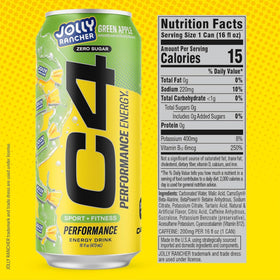 Close-up of C4 Energy Jolly Rancher Green Apple label highlighting zero sugar claim.