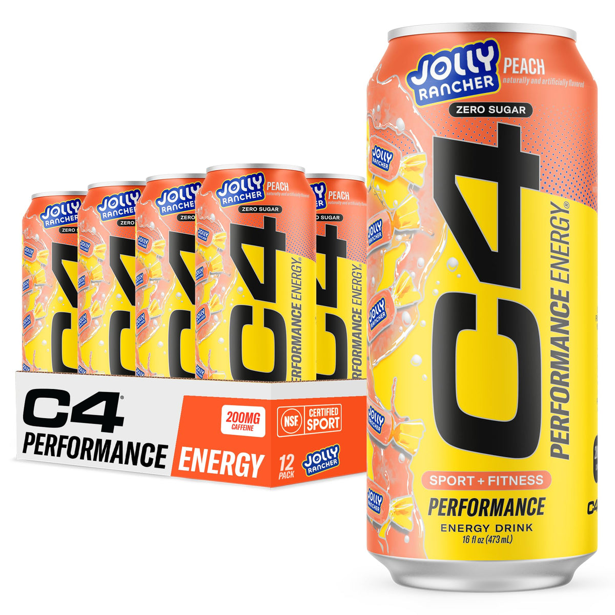 C4 Energy X Jolly Rancher Peach can with bold flavor and zero sugar for pre-workout refreshment.