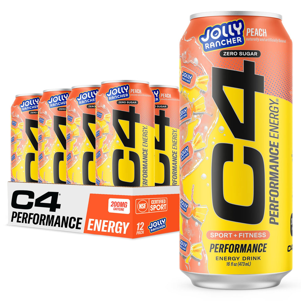 C4 Energy X Jolly Rancher Peach can with bold flavor and zero sugar for pre-workout refreshment.