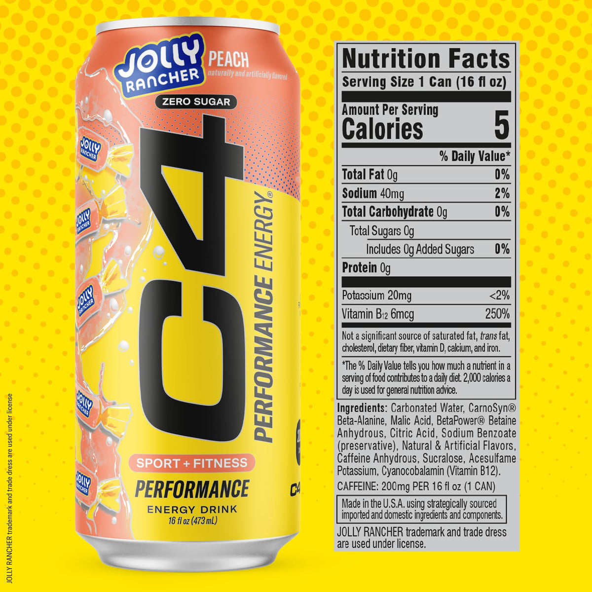 Close-up of C4 Energy Peach label showing 200 mg caffeine and zero sugar.