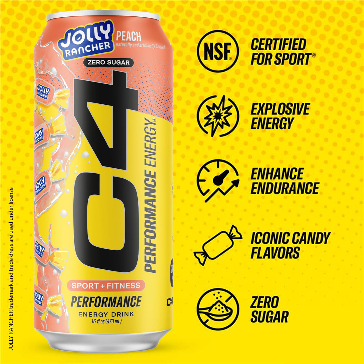 C4 Energy Jolly Rancher Peach pour highlighting refreshing fizz and fruity aroma.