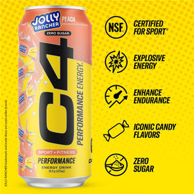 C4 Energy Jolly Rancher Peach pour highlighting refreshing fizz and fruity aroma.