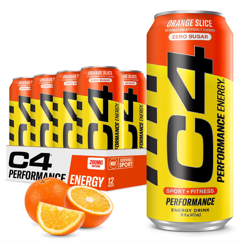 C4 Energy Orange Slice 16oz can front view highlights sugar-free energy for workouts