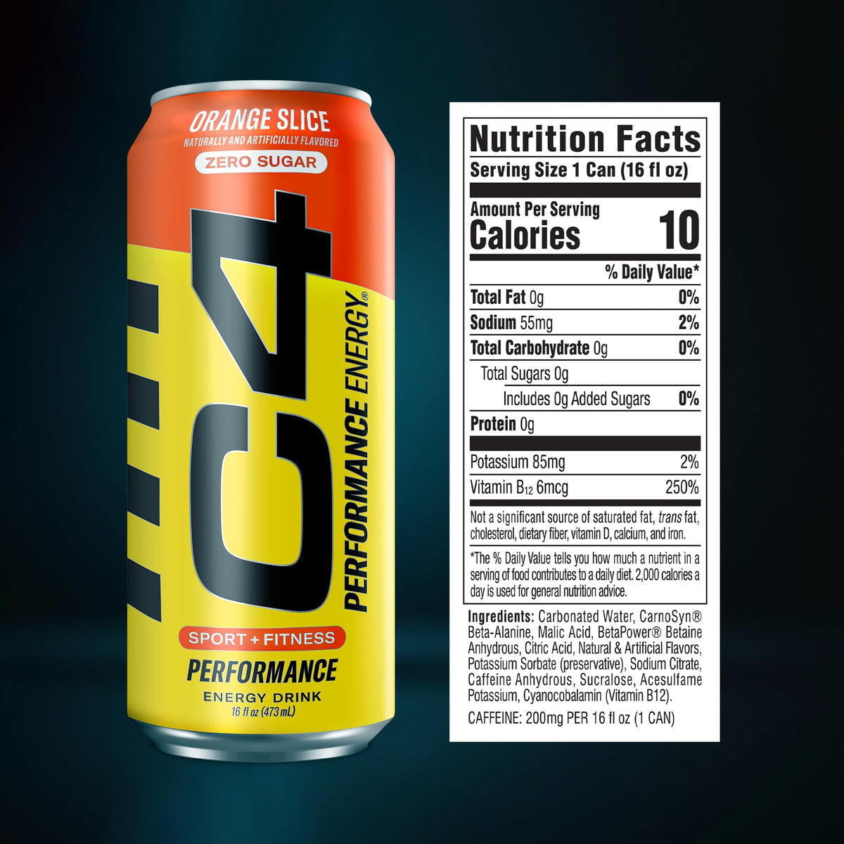 C4 Energy Orange Slice can side panel shows caffeine and beta-alanine for endurance