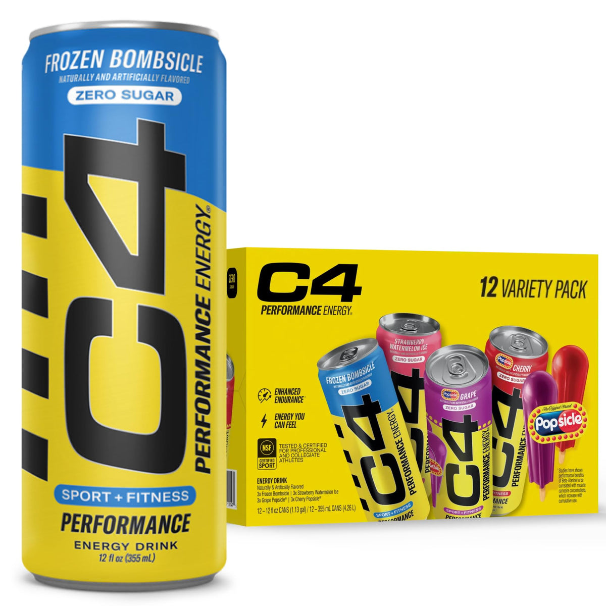 C4 Energy Popsicle variety pack can, refreshing zero-sugar boost for workouts.