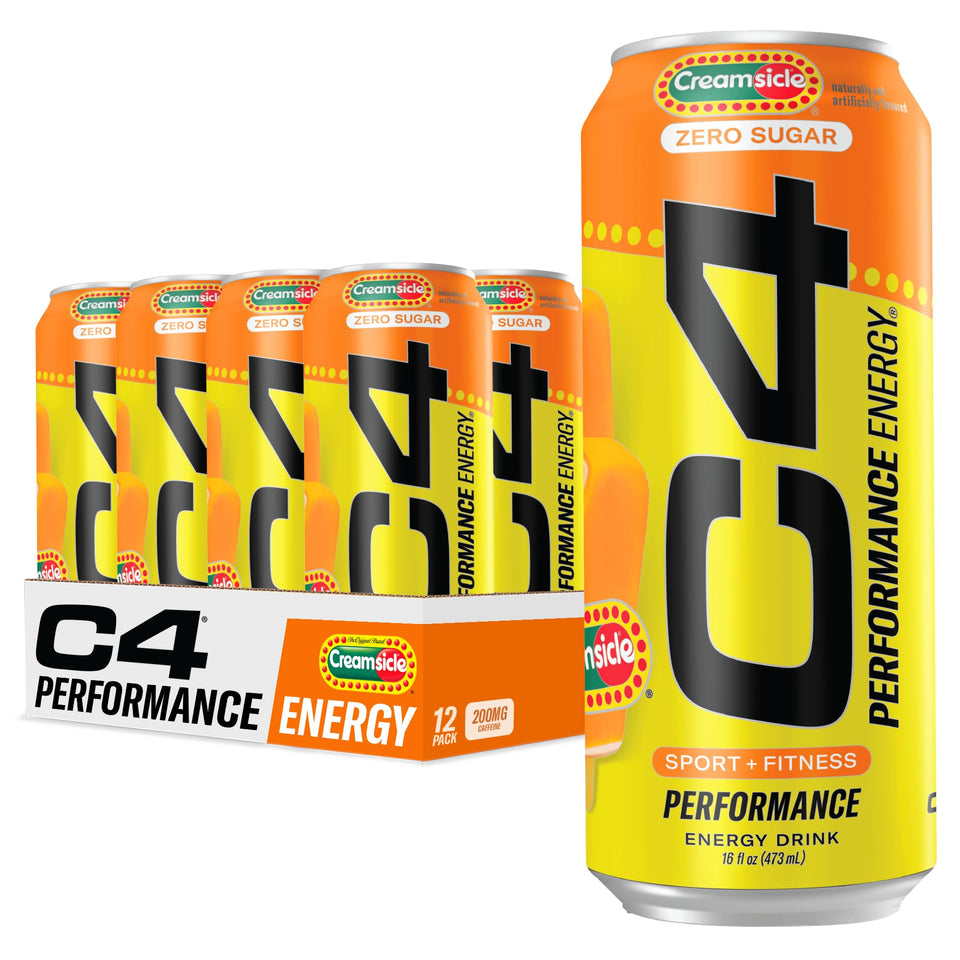 C4 Orange Creamsicle can close-up highlighting flavor and zero sugar for workouts