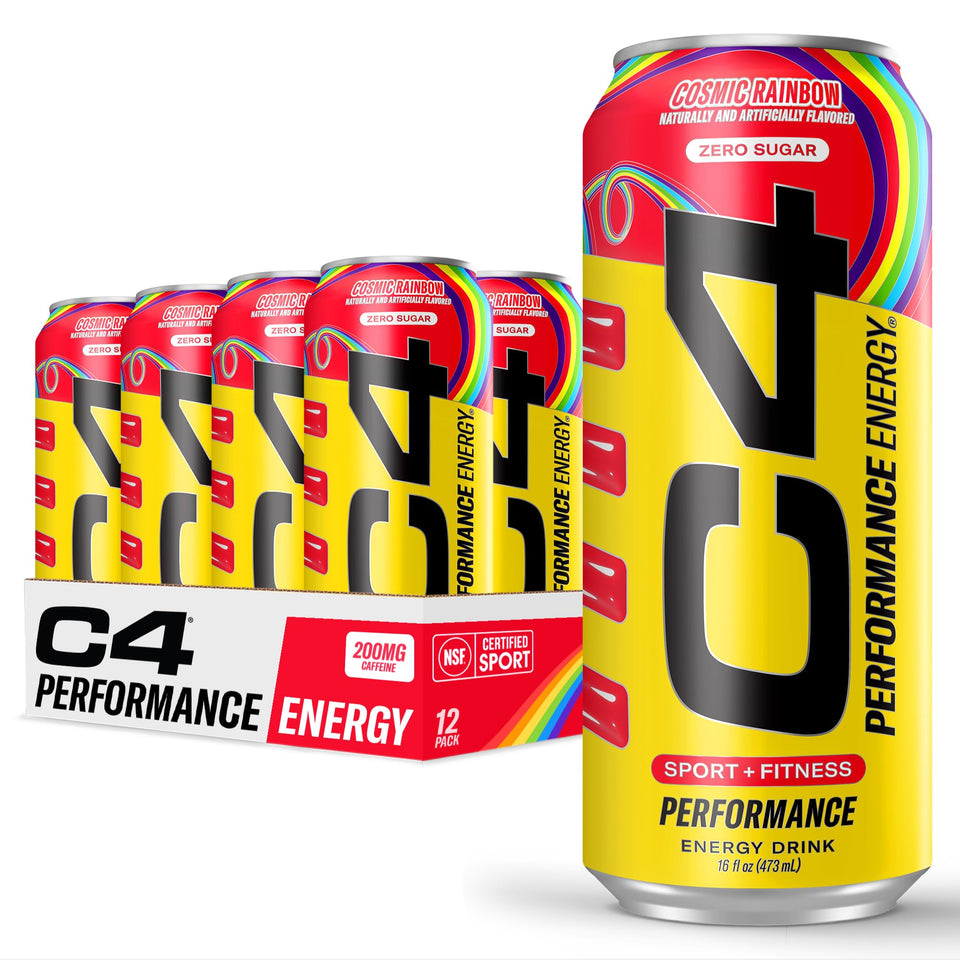 C4 Cosmic Rainbow can pour showing vibrant color and zero sugar benefits