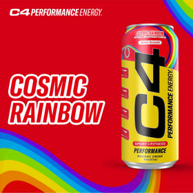 C4 Cosmic Rainbow zero-sugar label emphasizes guilt-free refreshment