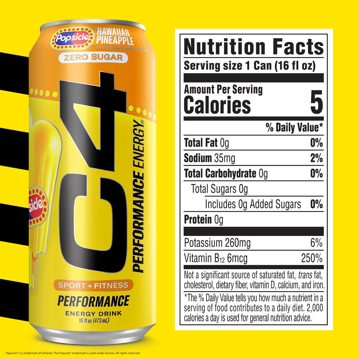 Close-up of the C4 can highlighting zero sugar and tropical pineapple flavor