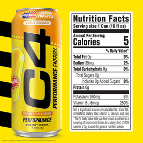 Close-up of the C4 can highlighting zero sugar and tropical pineapple flavor