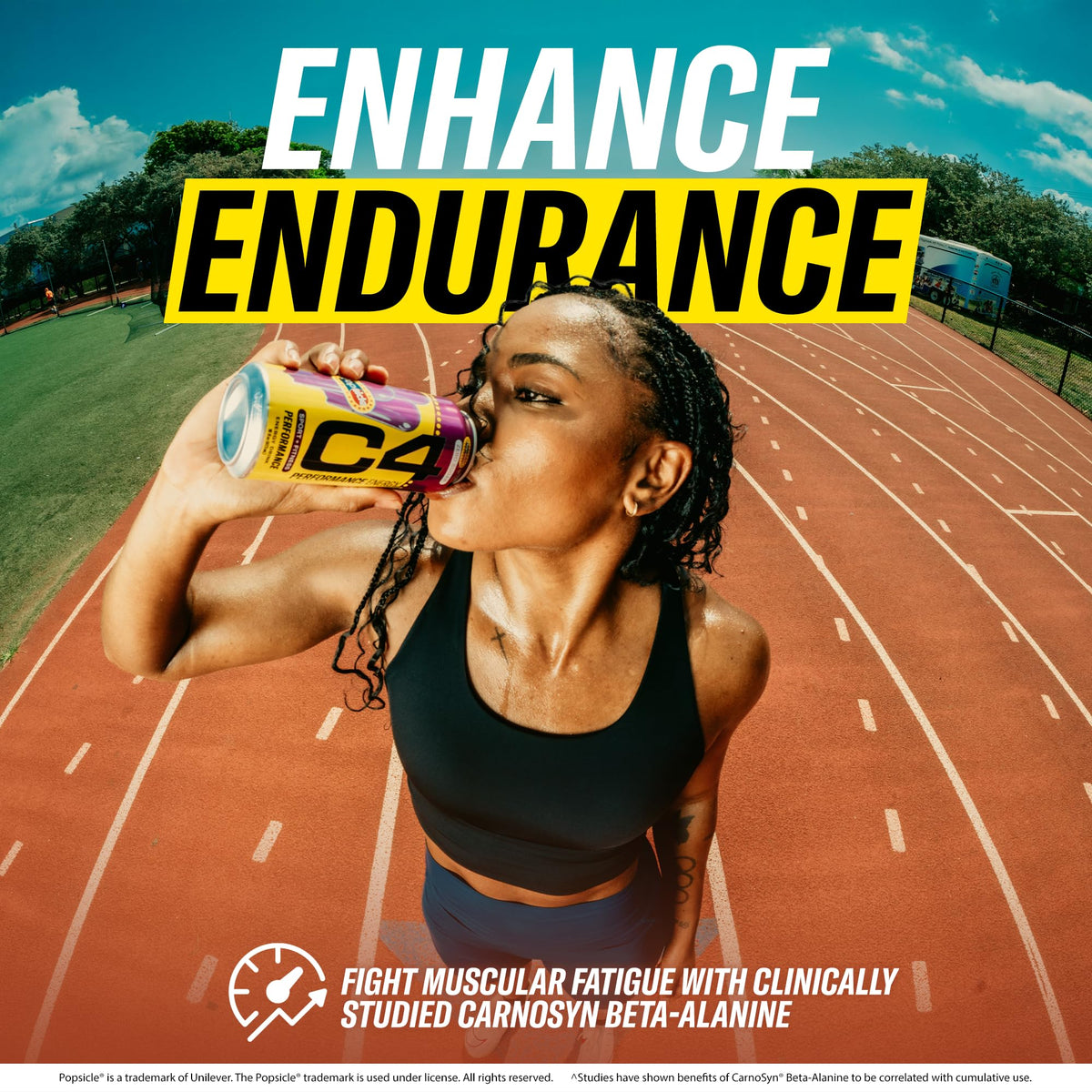 Hero shot of C4 Energy with ice and tropical aroma for refreshment