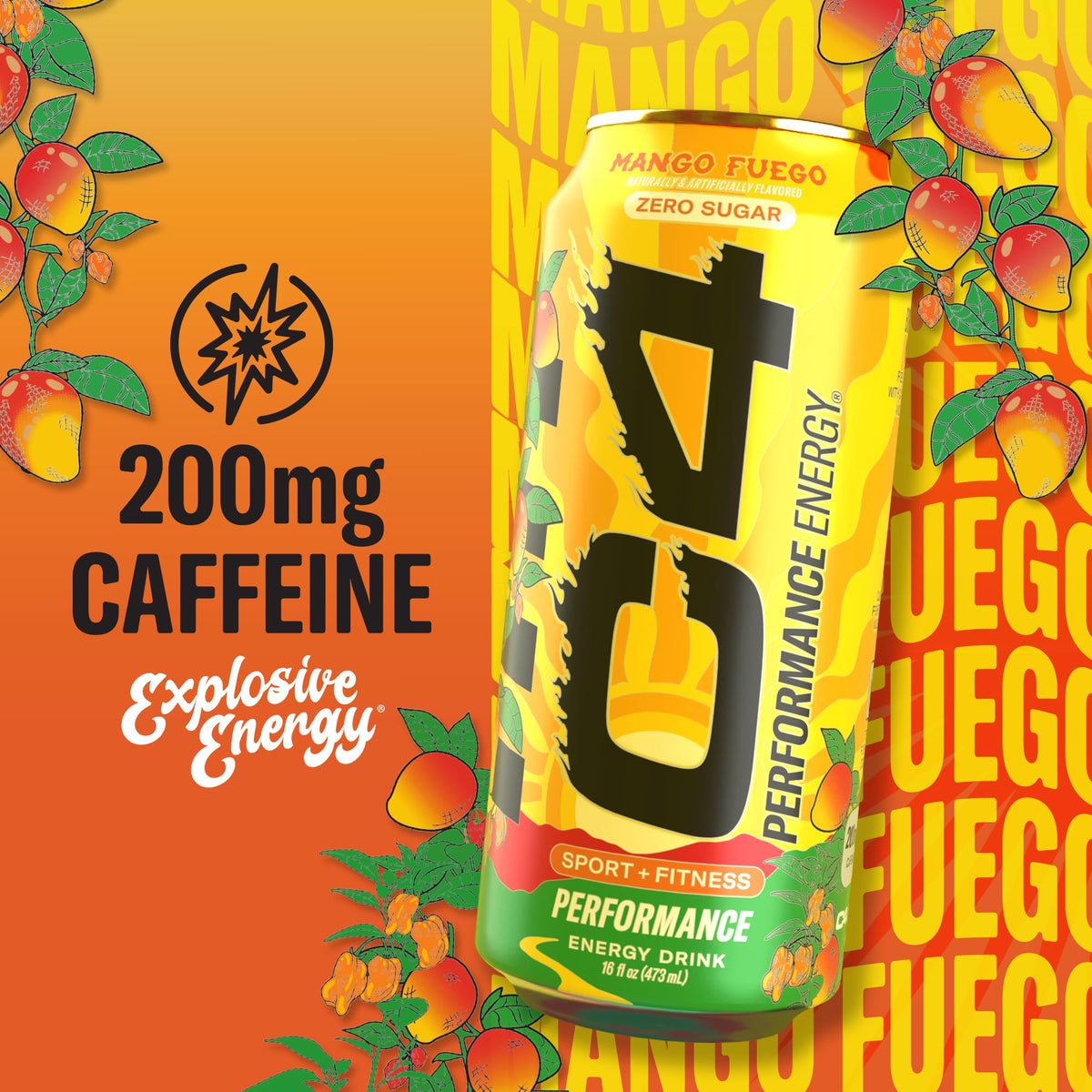 C4 Mango Fuego label highlights zero sugar and caffeine content