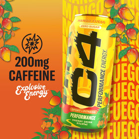 C4 Mango Fuego label highlights zero sugar and caffeine content