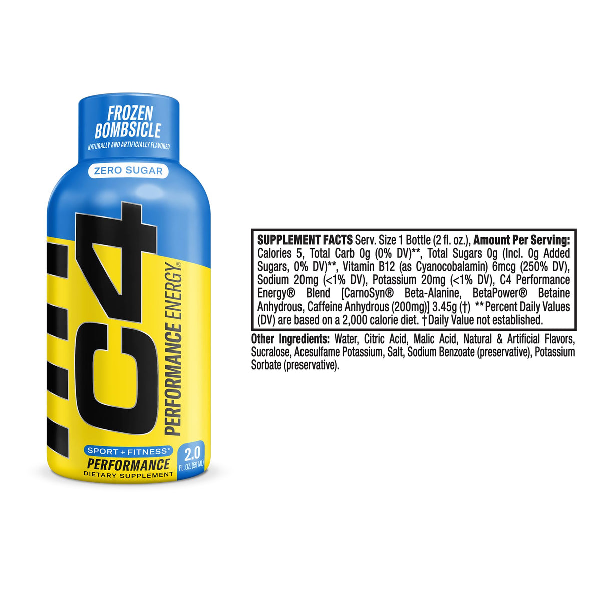 C4 Performance Energy Shot 2oz bottle close-up showing compact portable energy source.