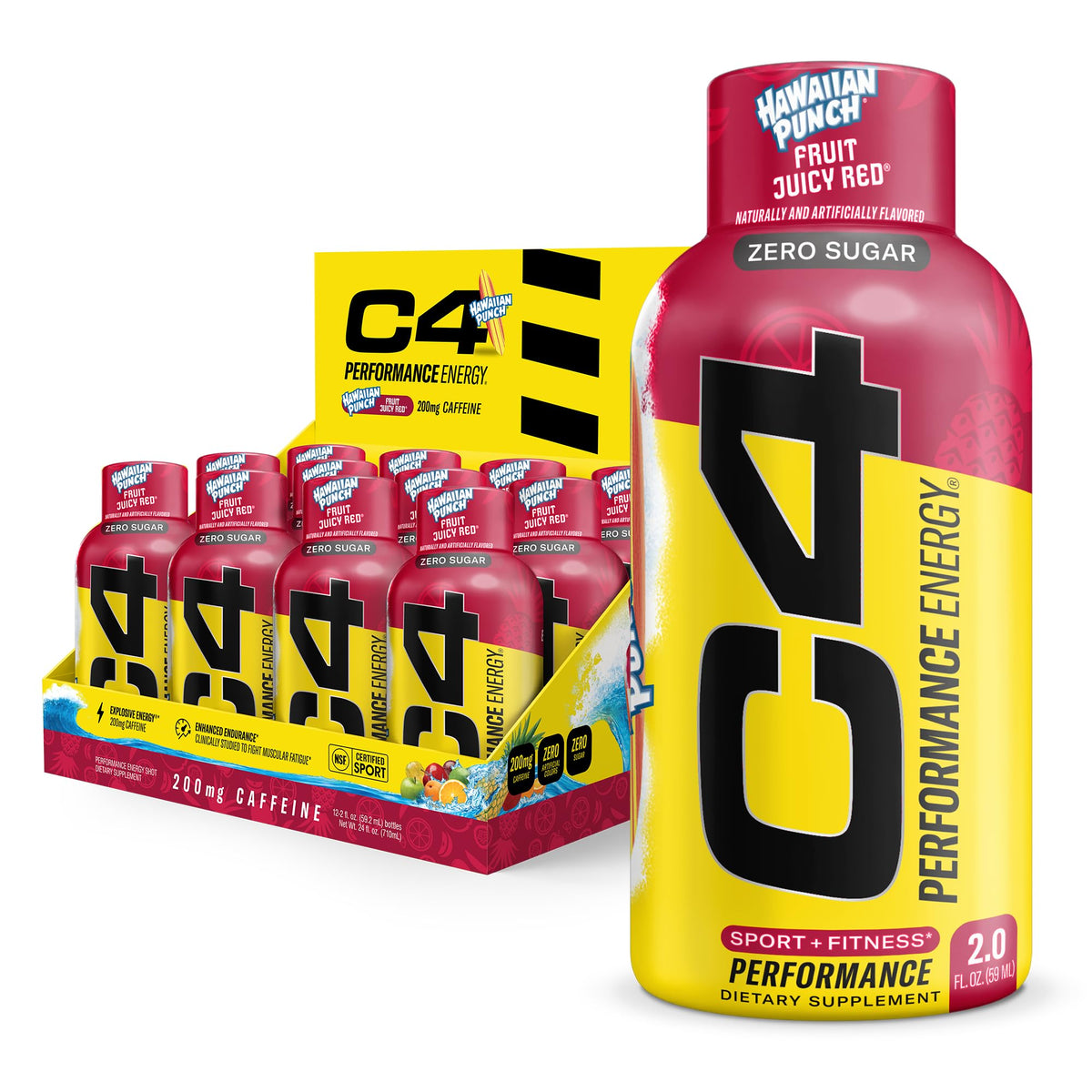 C4 Performance Energy Shot 2oz Hawaiian Punch bottle for on-the-go energy, quick caffeine boost.