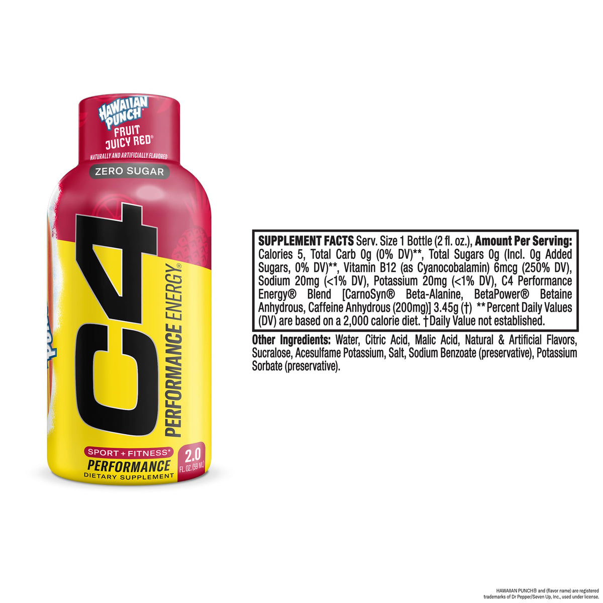 C4 Hawaiian Punch shot packaging front highlights compact convenience for busy, on-the-go lifestyles.