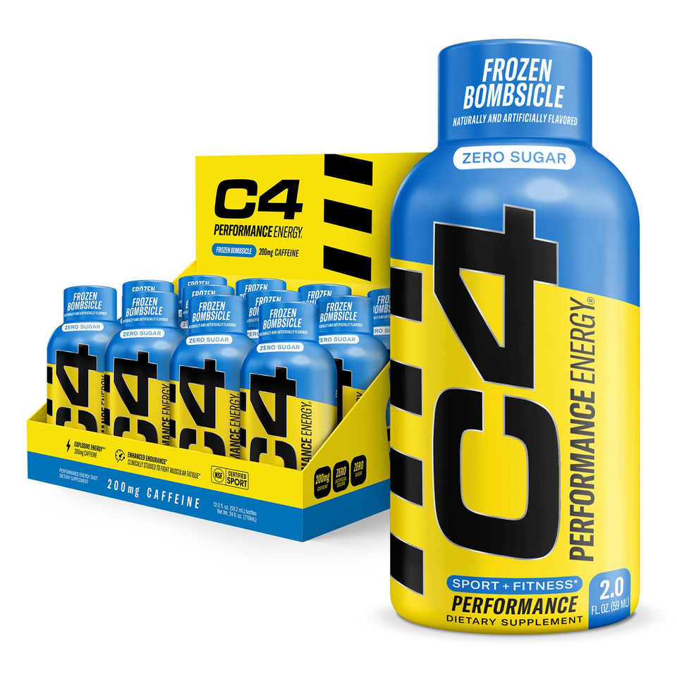 C4 Performance Energy Shot Frozen Bomb pack on shelf for quick on-the-go energy.