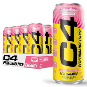 C4 Performance Energy Strawberry Blast can front highlights bold label for quick energy.
