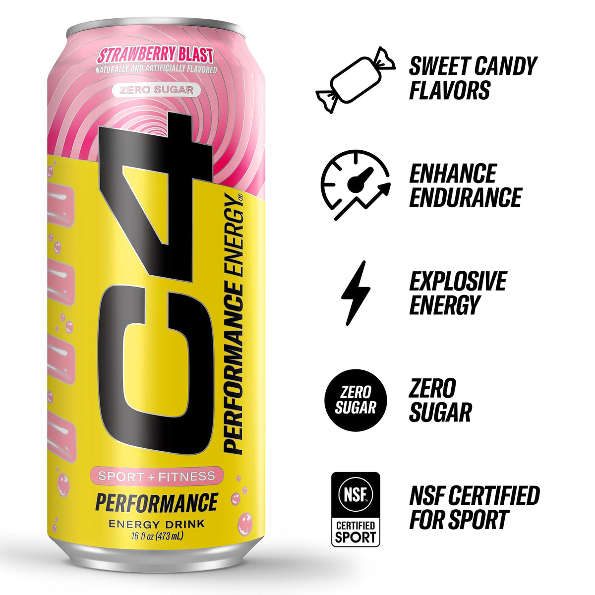C4 Performance Energy Strawberry Blast can side view shows compact sugar-free energy for workouts.