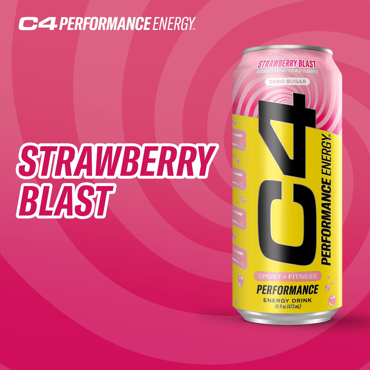 C4 Strawberry Blast served over ice conveys refreshing preworkout energy moments.