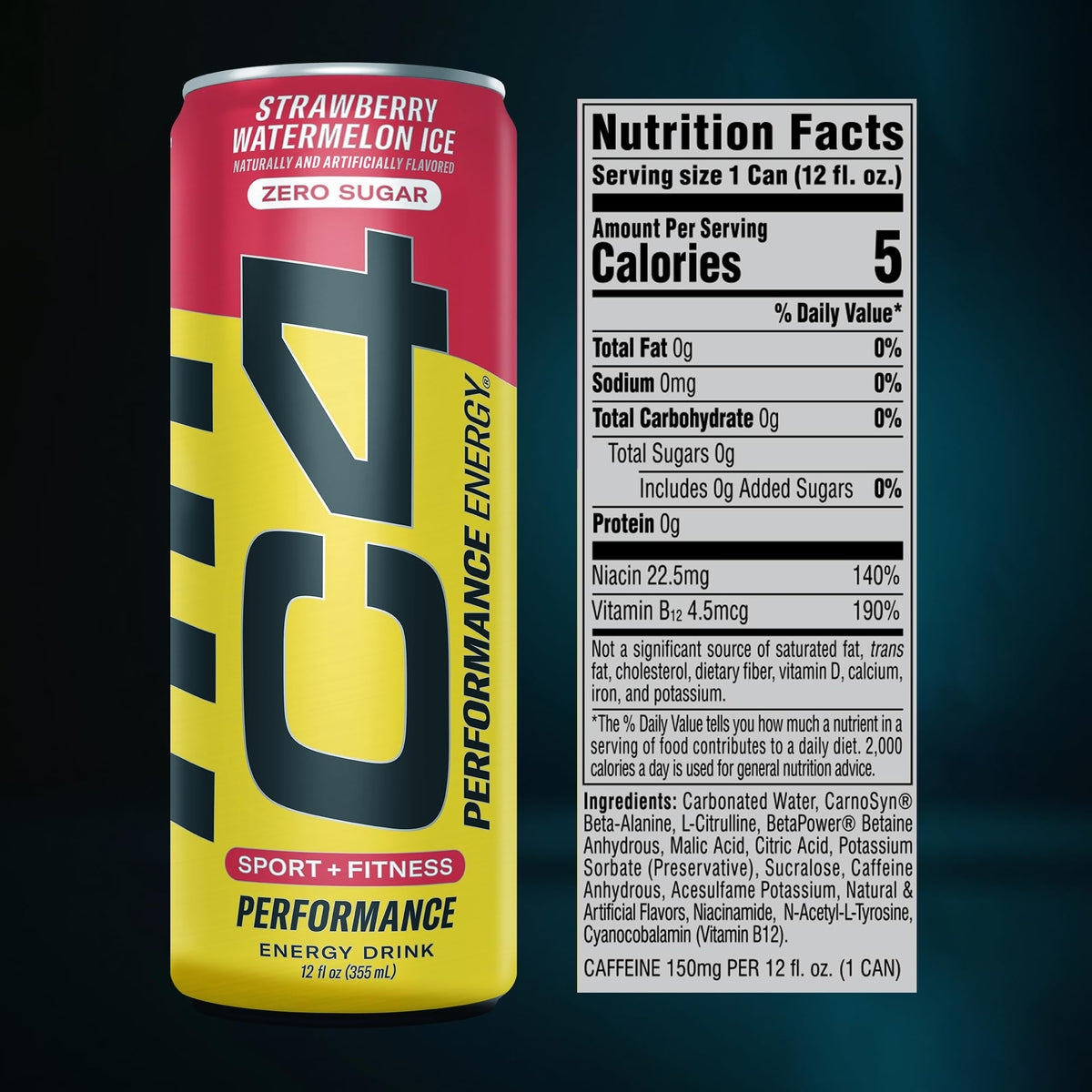 Close-up of C4 Smart Energy can highlighting 200 mg InnovaTea caffeine for alertness