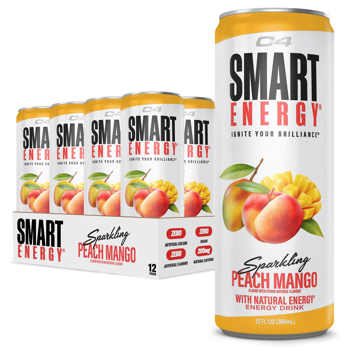 C4 Smart Energy Peach Mango can showcases zero sugar for clean energy and focus.