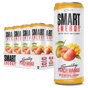 C4 Smart Energy Peach Mango can showcases zero sugar for clean energy and focus.