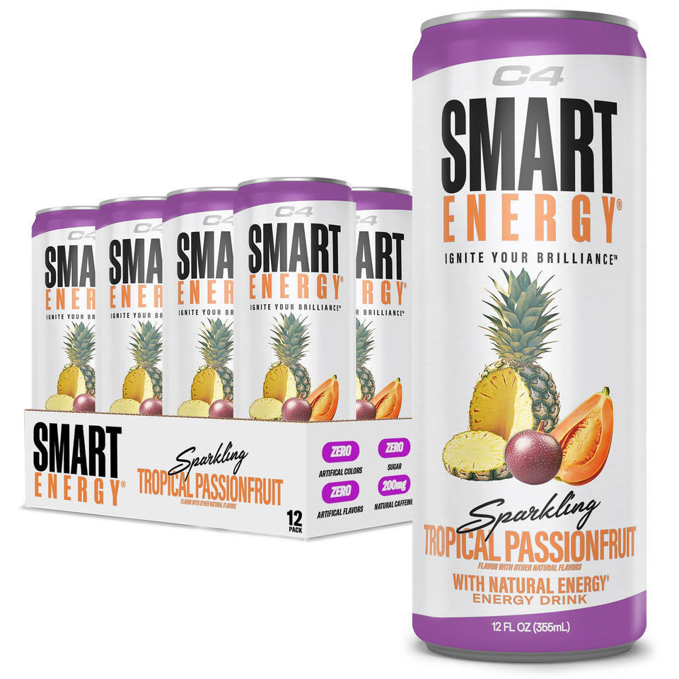 C4 Smart Energy Tropical Passionfruit can closeup showing bold flavor and energy cue