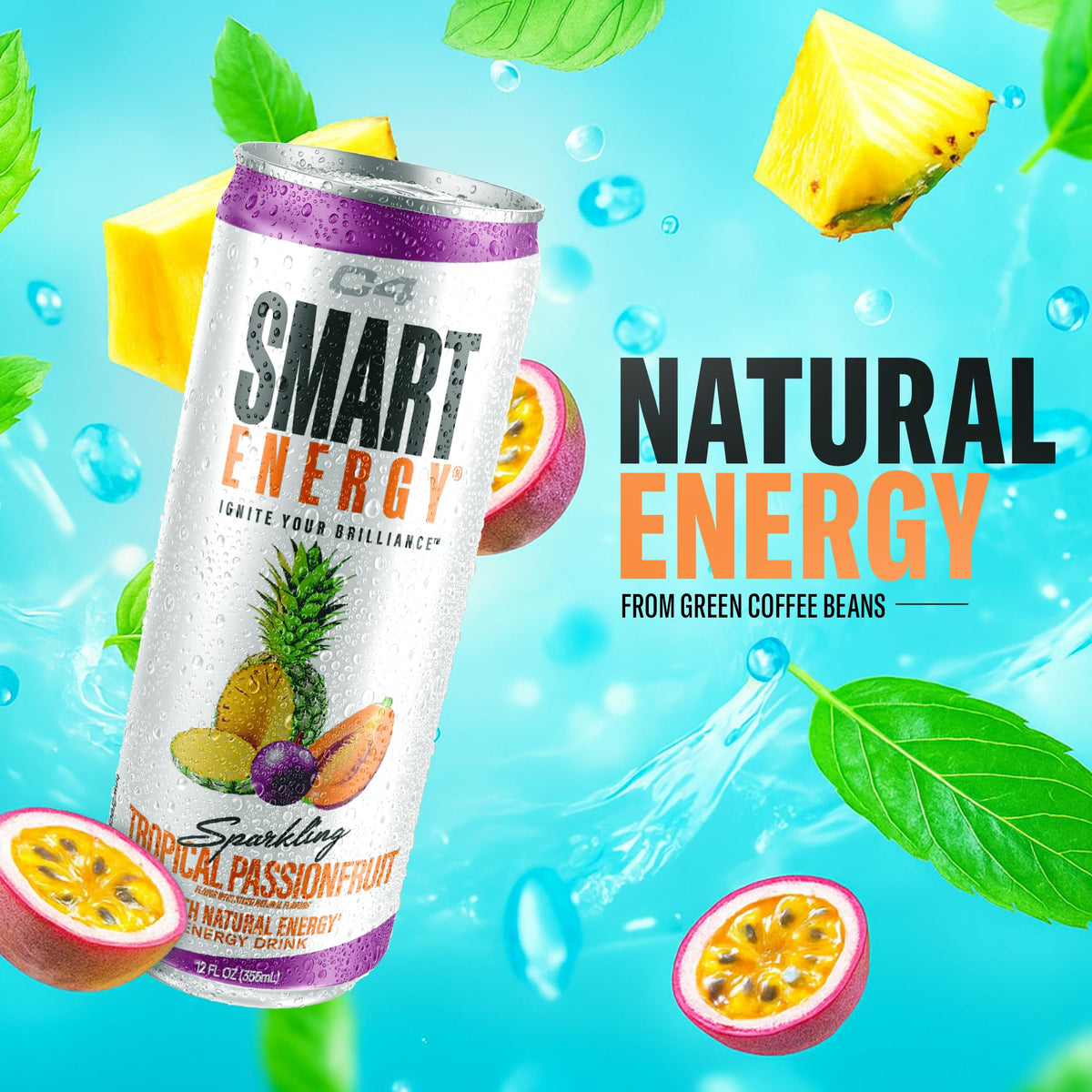 Serving glass of C4 Smart Energy Tropical Passionfruit for a refreshing focus boost