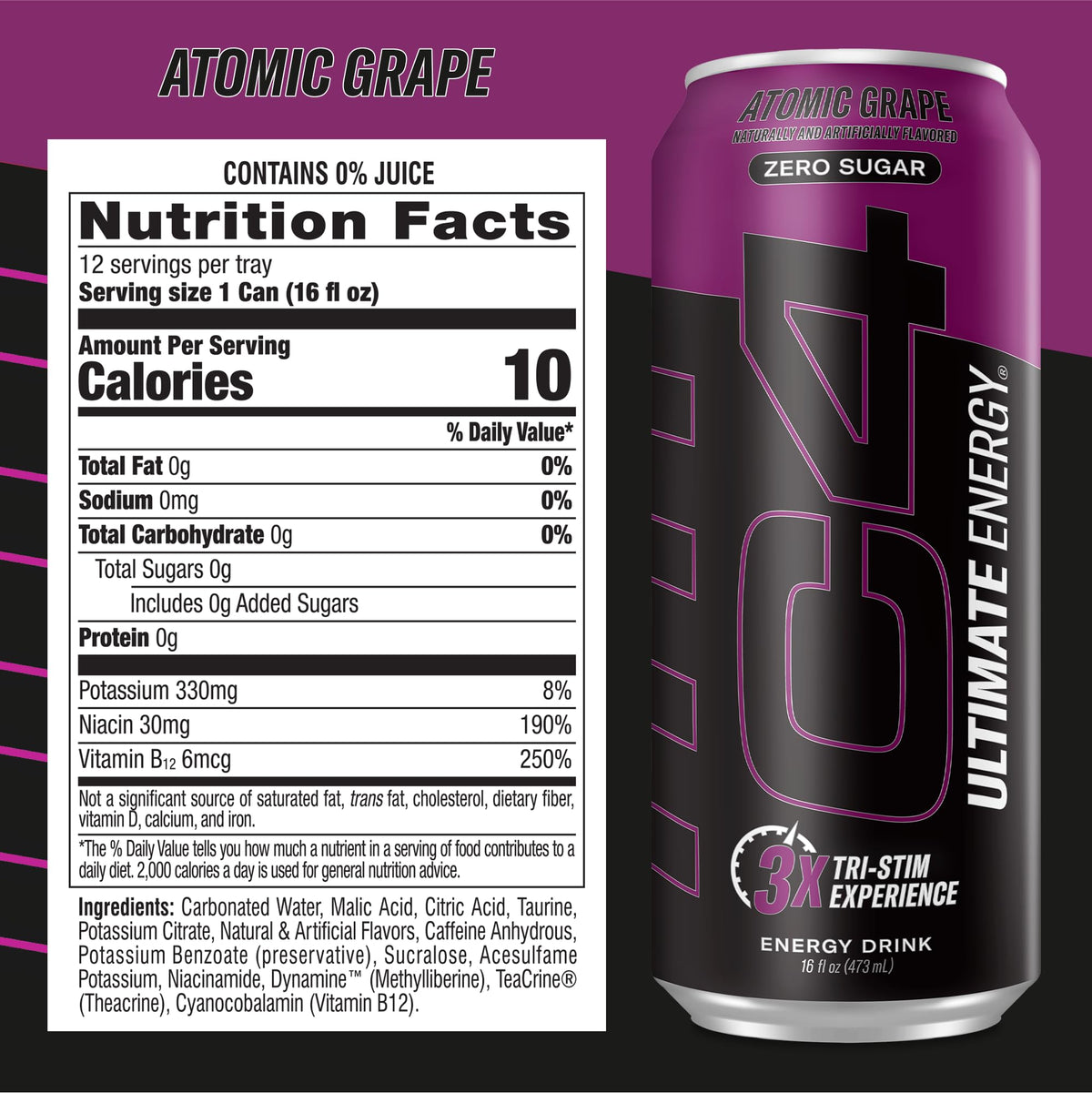 C4 Ultimate Atomic Grapes glass scene conveying bold flavor and on-the-go energy