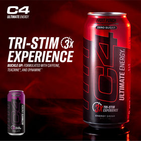 C4 Ultimate Energy can close-up label highlights caffeine and BrainBerry ingredients for focus