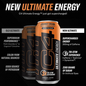 C4 Ultimate Sugar Free Energy can orange cream shown for long-lasting focus during workouts.