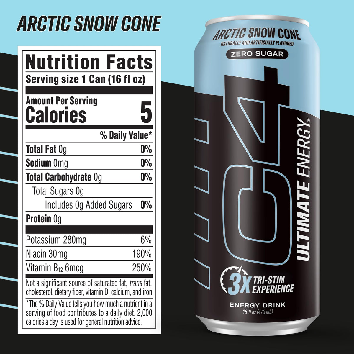Arctic Snow Cone flavor swirl on can evokes refreshing taste without sugar.