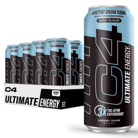 C4 Ultimate Sugar Free Energy Drink can Arctic Snow Cone boosts alertness during workouts.