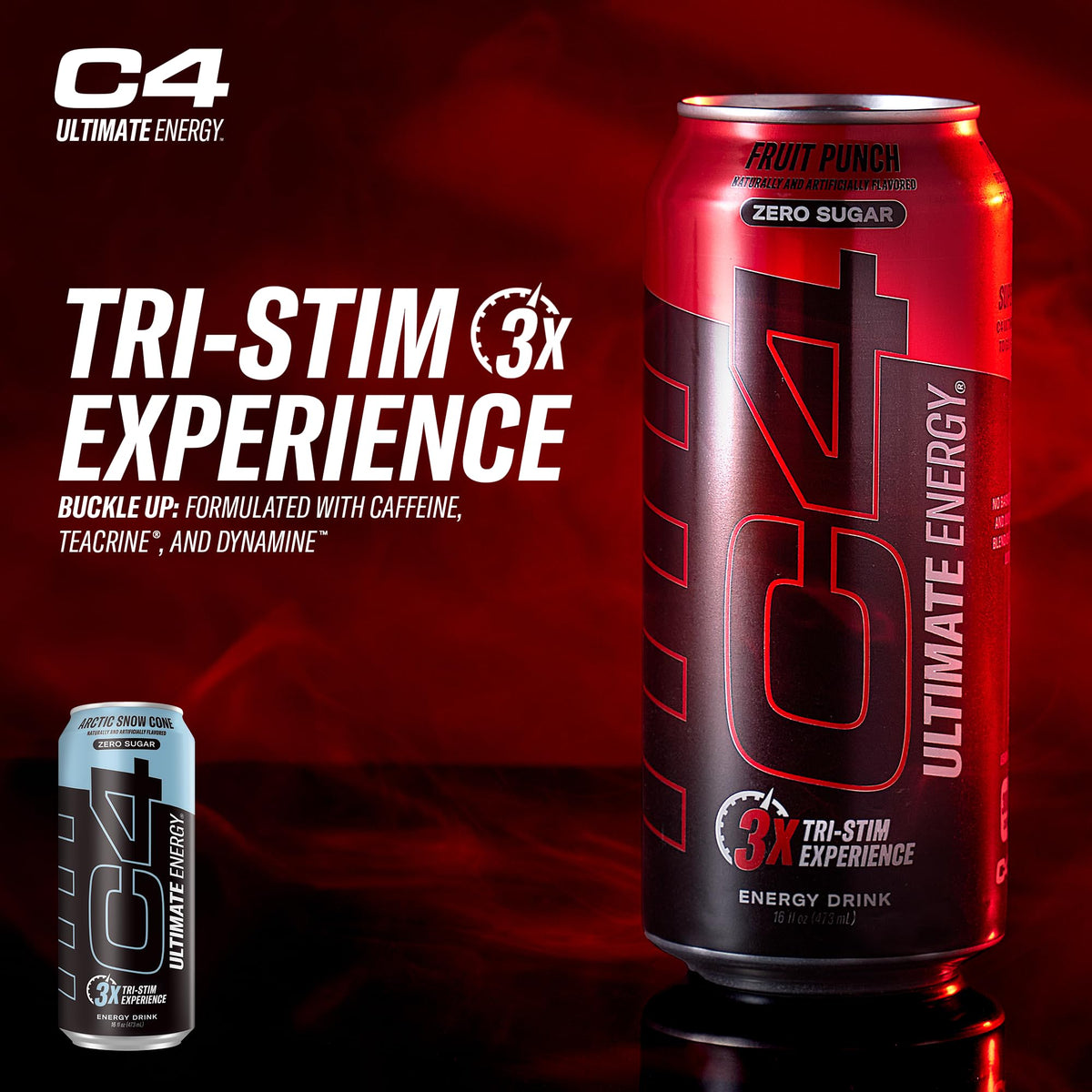 C4 Ultimate Sugar Free Energy Drink is poured to reveal bold color and Arctic Snow Cone flavor.