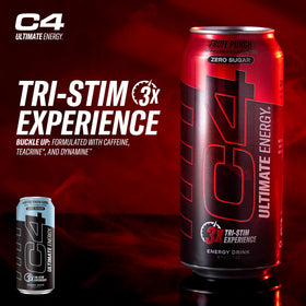 C4 Ultimate Sugar Free Energy Drink is poured to reveal bold color and Arctic Snow Cone flavor.