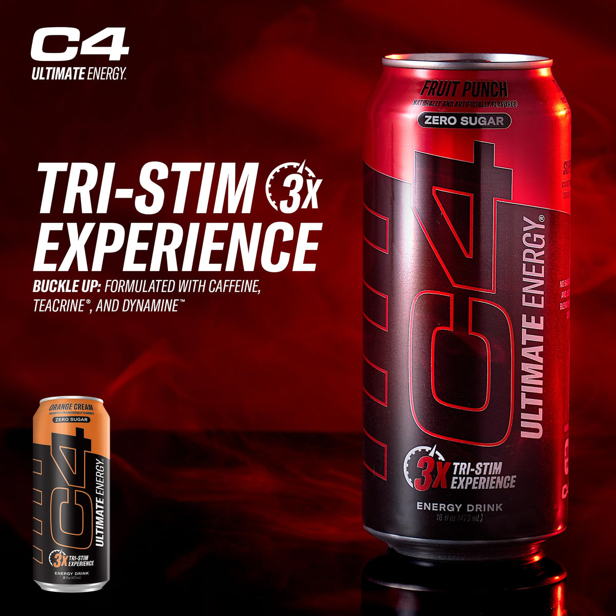 Close-up of C4 label highlights zero sugar and no artificial colors.
