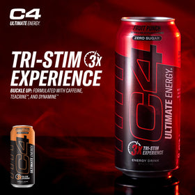 Close-up of C4 label highlights zero sugar and no artificial colors.