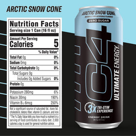 C4 Ultimate tri-stim ingredients close-up show caffeine, TeaCrine and Dynamine for focus.