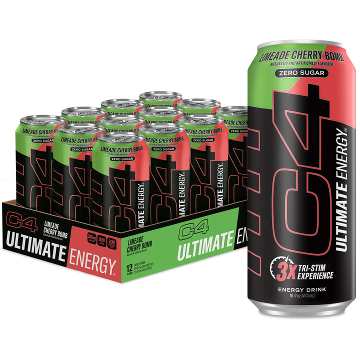 C4 Ultimate Zero Sugar Limeade Cherry Bomb can front view for clean energy
