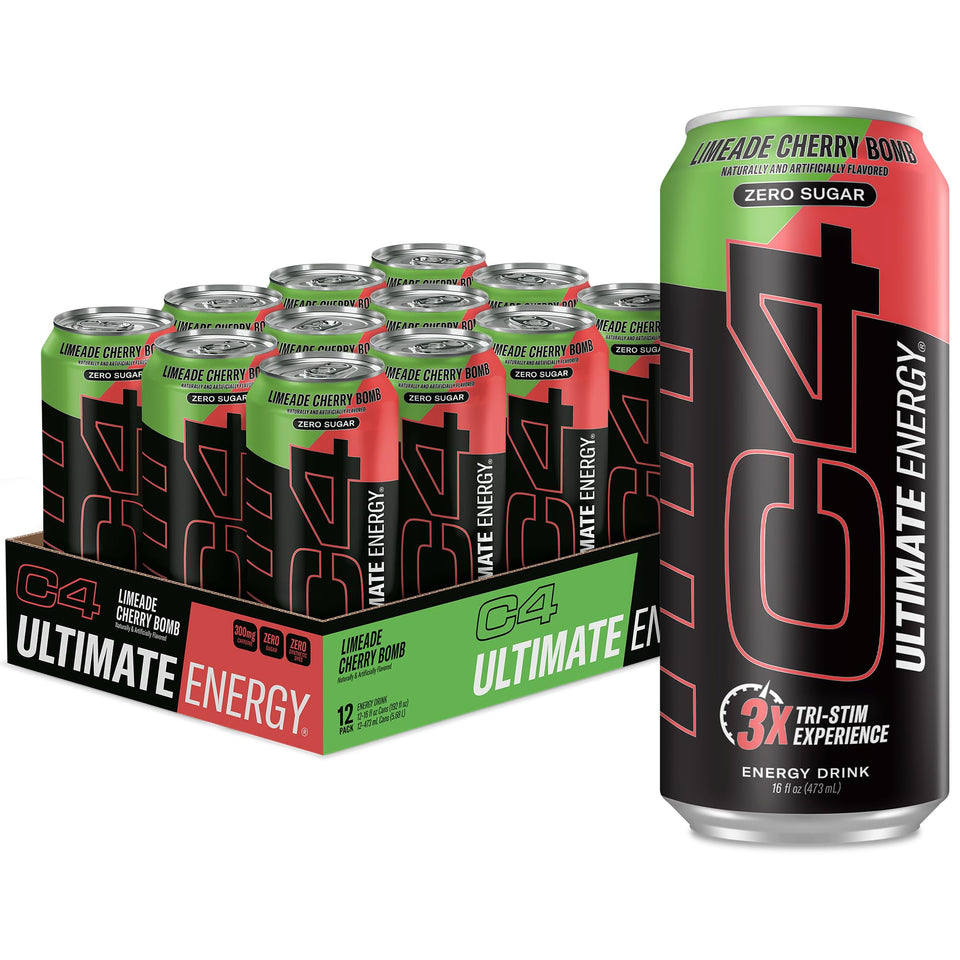 C4 Ultimate Zero Sugar Limeade Cherry Bomb can front view for clean energy
