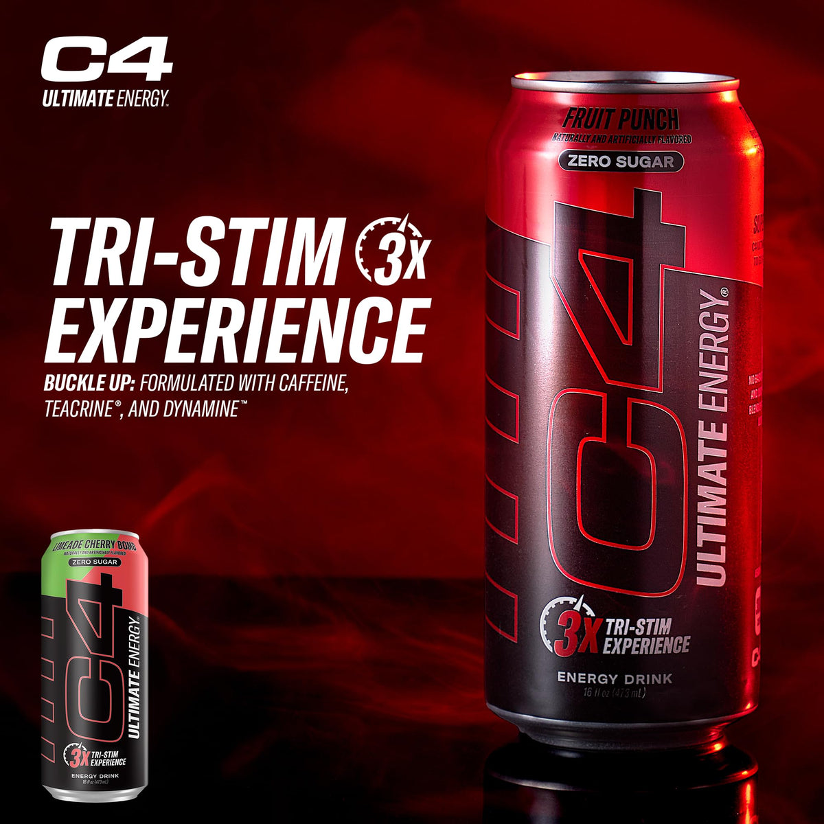 C4 Ultimate can side view showing sugar-free energy option