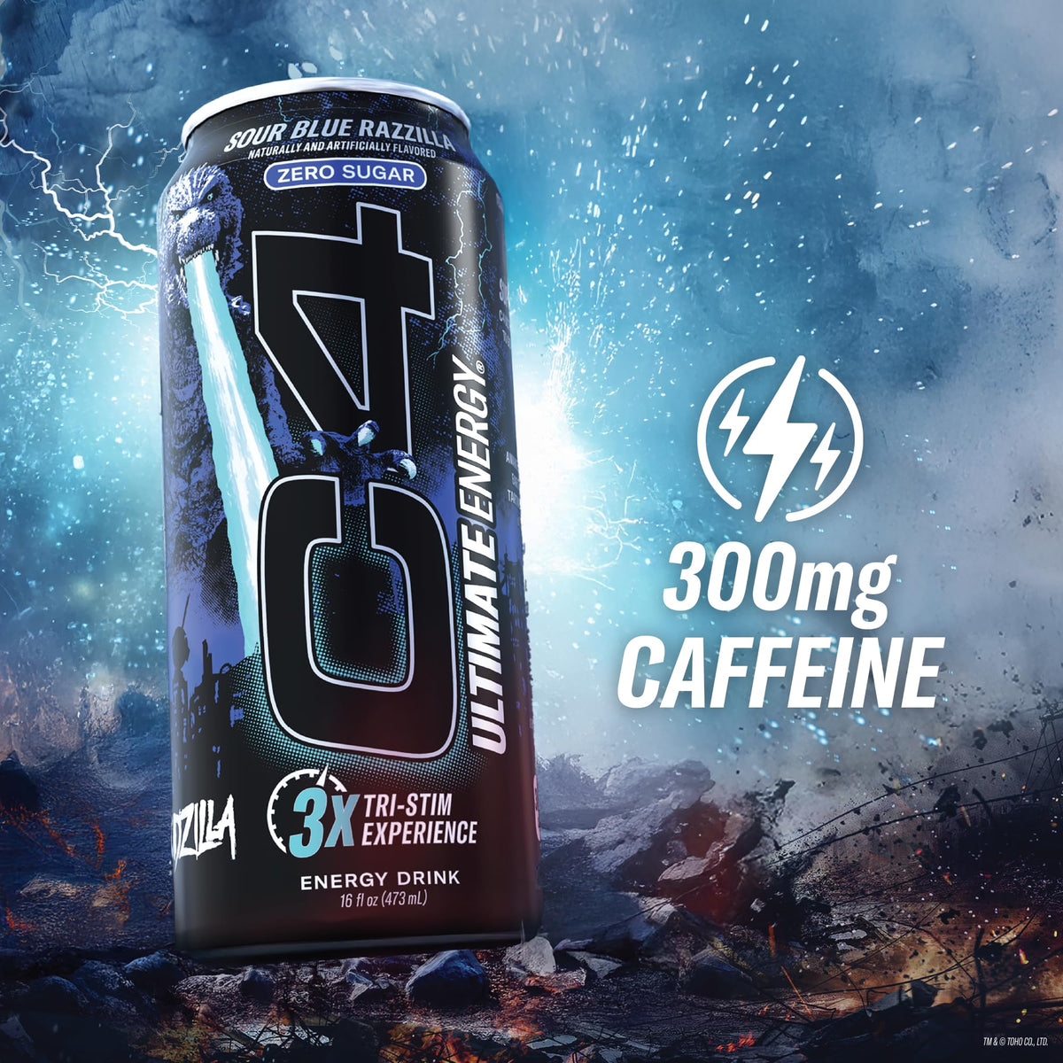 C4 Ultimate Sour Blue Razzilla bottle shows zero sugar and bold taste