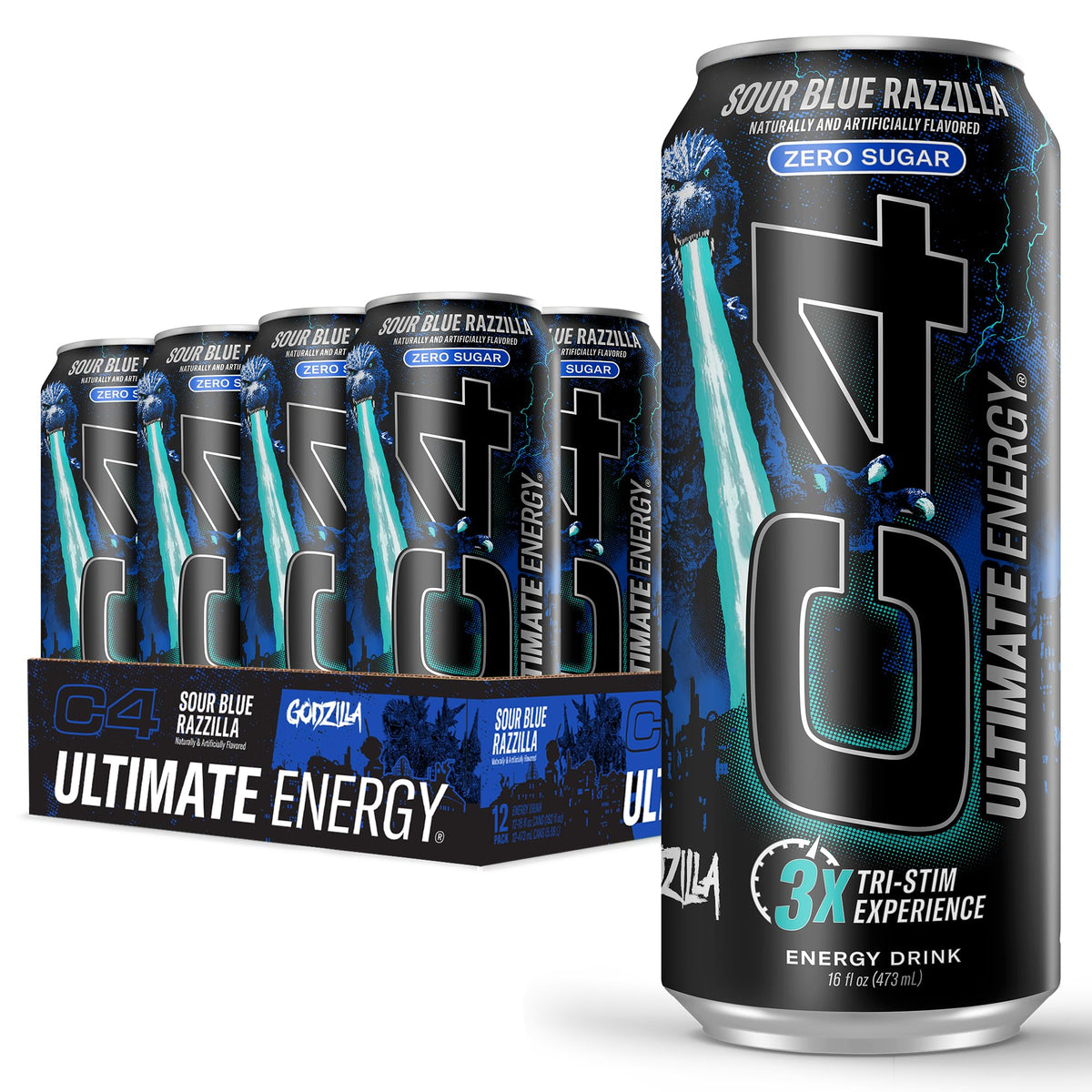 C4 Ultimate Sour Blue Razzilla can with bold flavor and clean energy