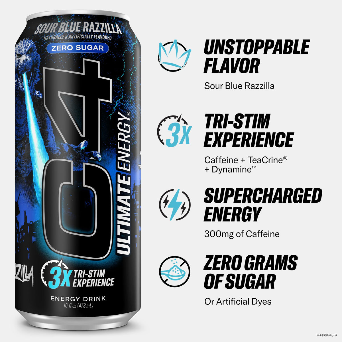 C4 Ultimate Sour Blue Razzilla can featuring 300 mg caffeine for sustained alertness