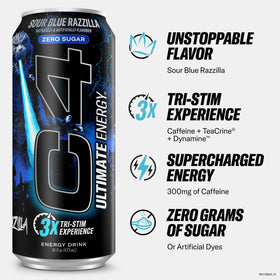 C4 Ultimate Sour Blue Razzilla can featuring 300 mg caffeine for sustained alertness
