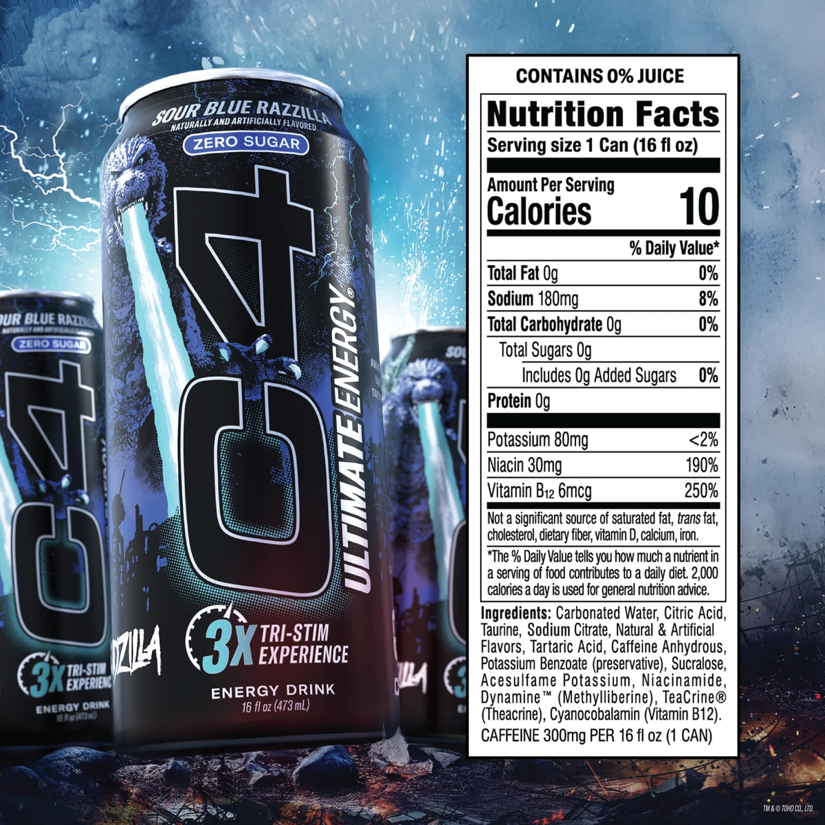 Pour of C4 Ultimate Sour Blue Razzilla reveals electric tart aroma and vibrant color