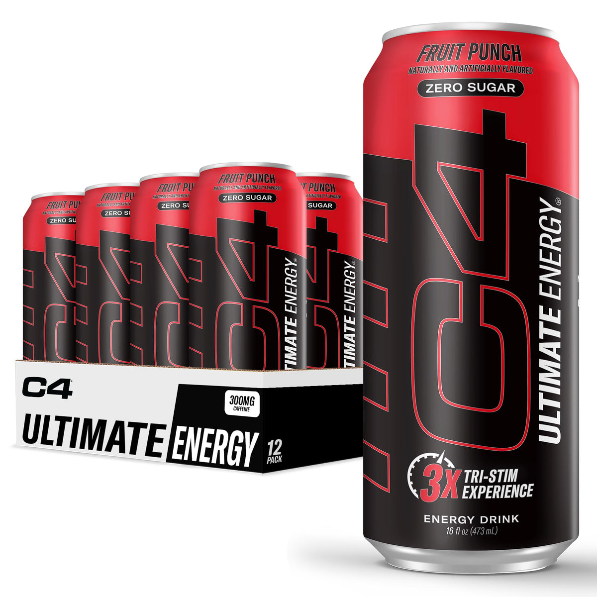 C4 Ultimate Zero Sugar Fruit Punch can with bold, sugar-free energy focus